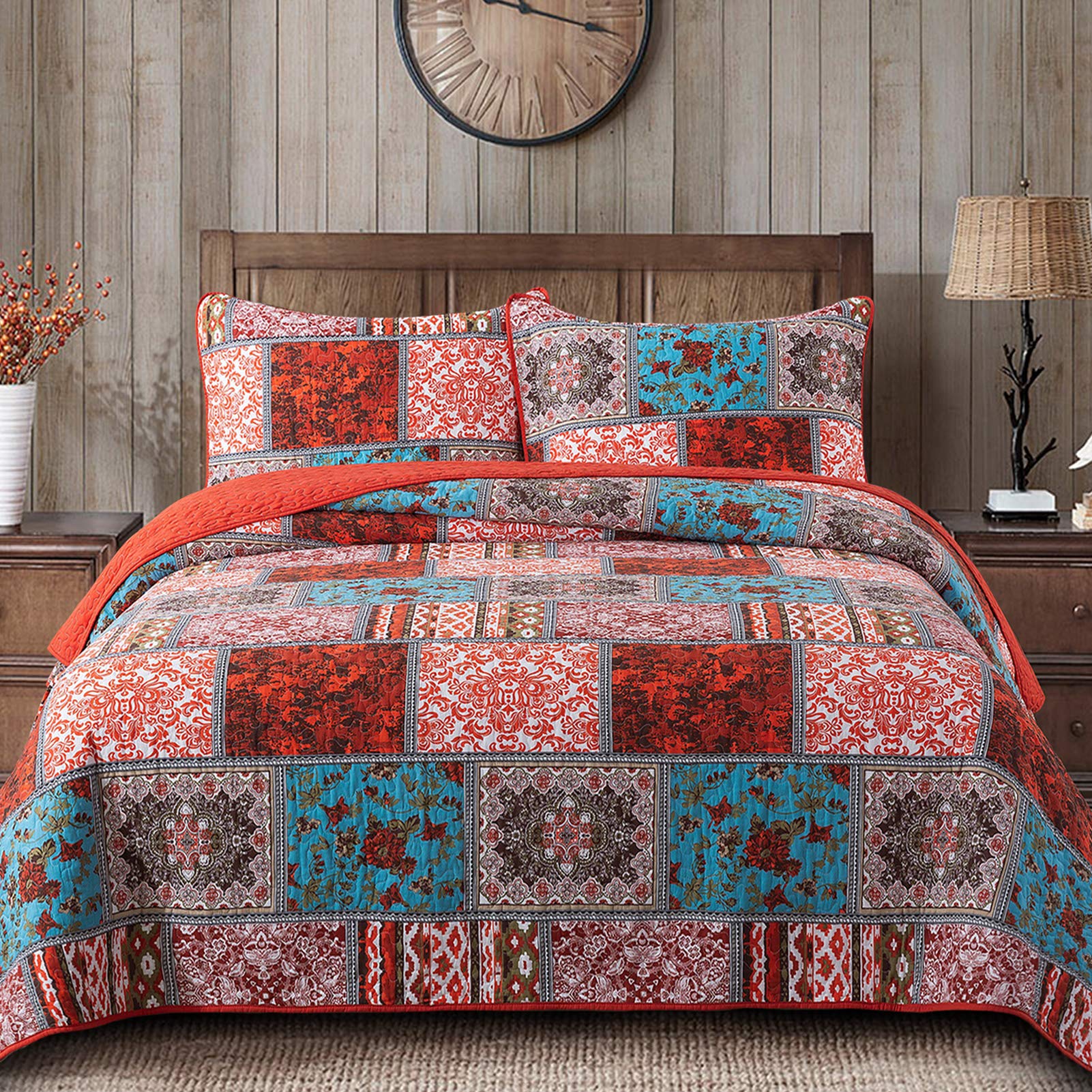 NEWLAKE Cotton Bedspread Quilt Sets-Reversible Patchwork Coverlet Set, Mediterranean Classic Bohemian Pattern,Queen Size Image