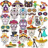 30 Pieces Day of The Dead Photo Booth Props Halloween Sugar Skull Photo Props Dia DE Los Muertos Selfie Props for Day of The Dead Halloween Birthday Party Decorations