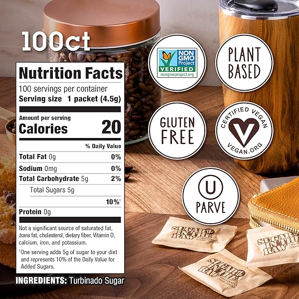 SUGAR IN THE RAW TURBINADO CANE SUGAR PACKETS, 100 CT, PURE, ALL-NATURAL TURBINADO SUGAR, NON-GMO PROJECT VERIFIED, KOSHER, VEGAN AND GLUTEN FREE