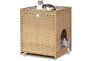 HONIAKAKA Cat Litter Box Enclosure with Soft Litter Mat; Hidden Cat Washroom Furniture with Door; Handwoven Rattan Cat House; Pet Crate for Living Room, Bedroom, Balcony (Natural)
