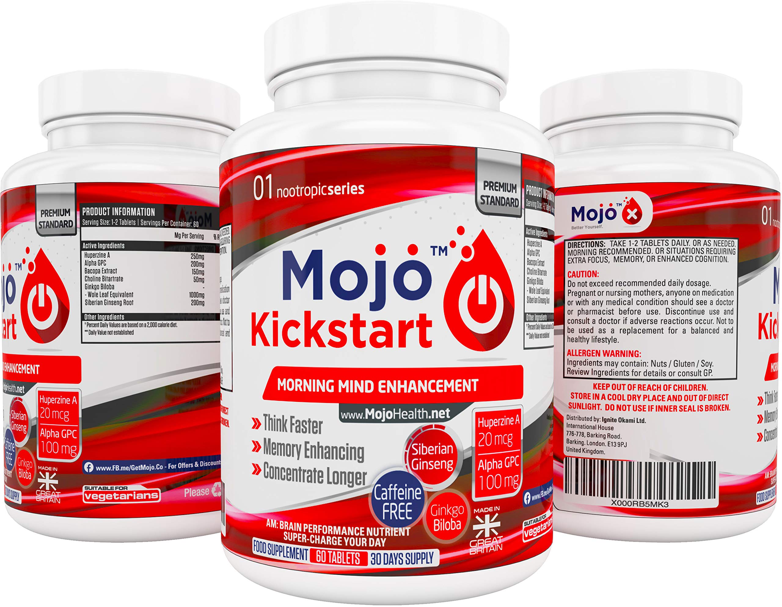 MOJO KICKSTART - Nootropic Alpha Brain Wave Boost Mental Supplements Focus Nootropics Enhancement | Alpha GPC | Bacopa | Choline | L-Tyrosine | Ginkgo Biloba | CoQ10 | Ginseng + MONEY BACK GUARANTEE