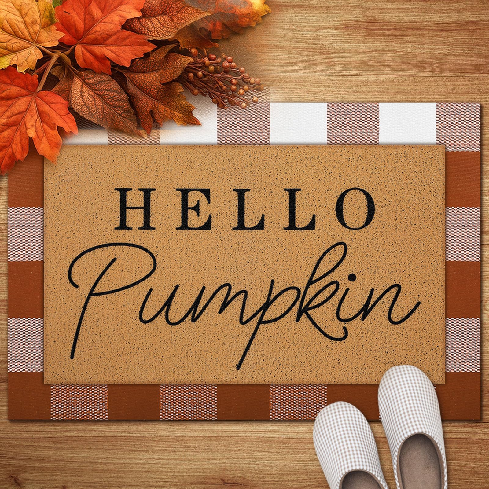 Photo 1 of Tinideya 2 Pcs Fall Door Mat Hello Pumpkin Welcome Non Slip Coir Mats Thanksgiving Black White Plaid Harvest Floor Layering Doormats Seasonal for Front Porch Entryway Decor(Brown White Plaid)