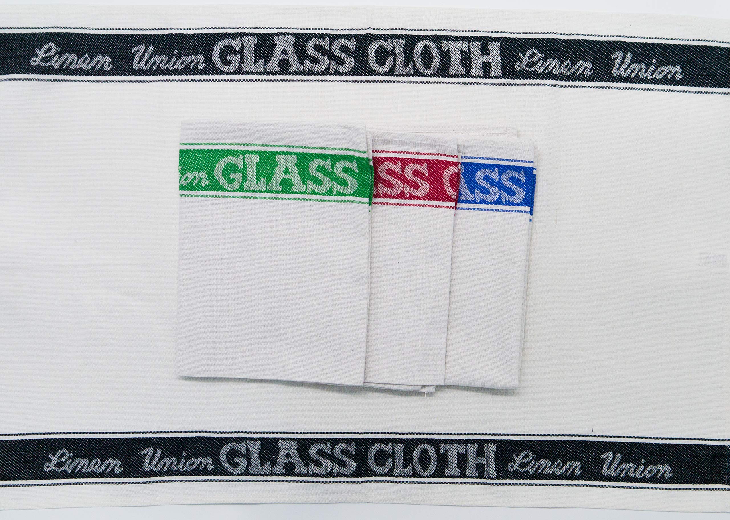 Premium Linen Union Glass Cloths Pack of 4 Mixed Colours (Black, Red, Blue & Green 1 of Each)