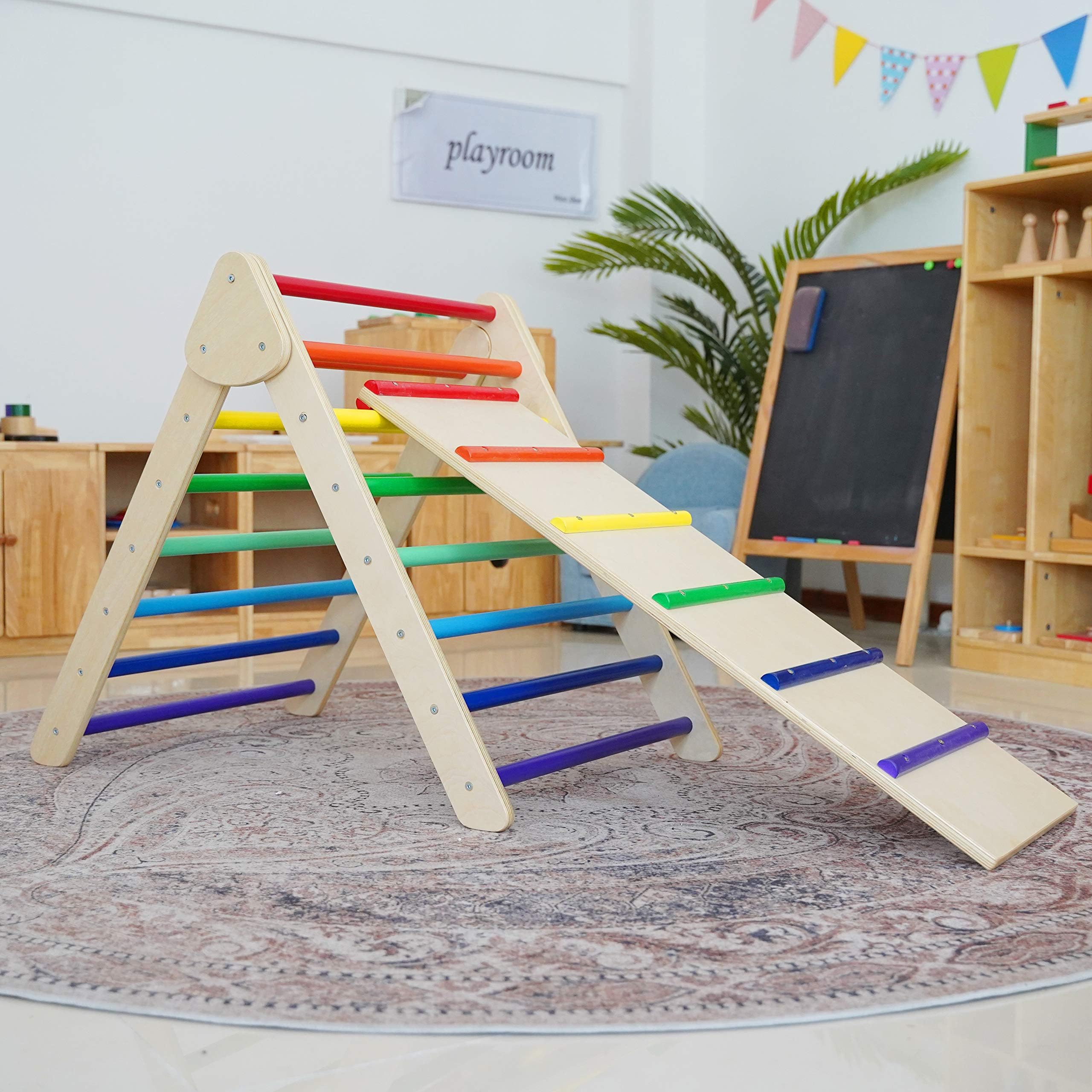XIHAToy Pikler Triangle Climber with Ramp Foldable Climbing Triangle, 2 in 1 Wooden Foldable Pikler Triangle with Climbing Ladder for Toddlers by Montessori