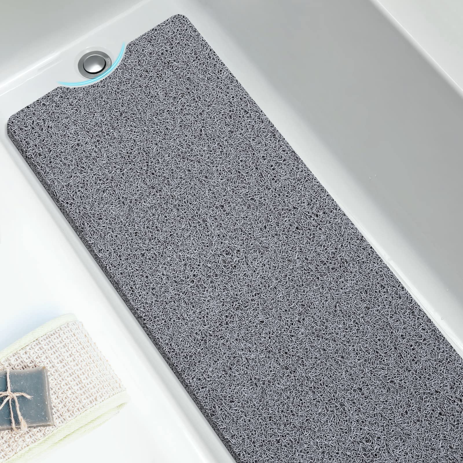Loofah Mats for Shower, 40x100CM Non Slip Soft Textured Bath, Bathtub Mat with Drain, Phthalate Free, Quick Drying, Soft Comfort Bathroom Mats for Wet Areas (Grey)