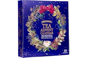 New English Teas Christmas Tea Advent Calendar, 50 Pyramid Teabags, 5 Festive Black Tea, Fruit & Herbal Blends