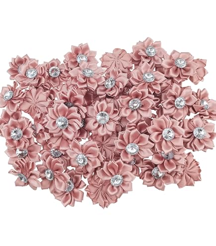 DANDAN DIY Satin Ribbon Flowers – 40PCS Rose Bows With Rhinestones For Crafts & Weddings