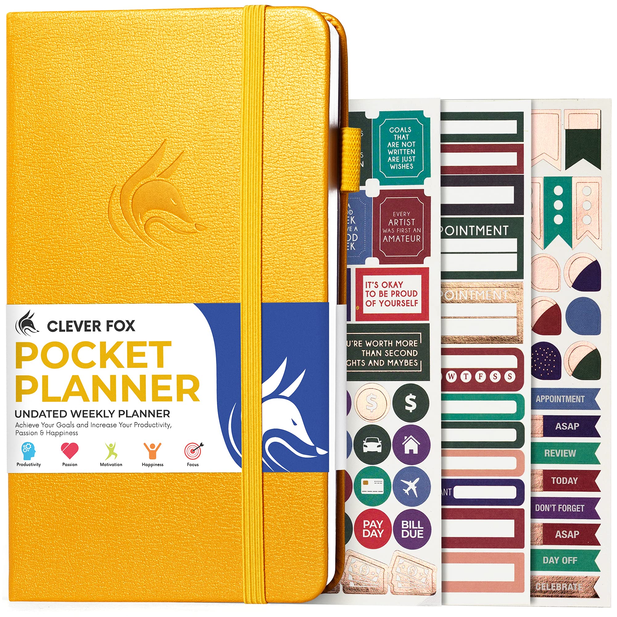 Clever Fox Pocket Weekly – Undated Monthly Goal Planner and Calendar, Mini Planner Perfect for Purse, 10x17.5cm (Amber Yellow)