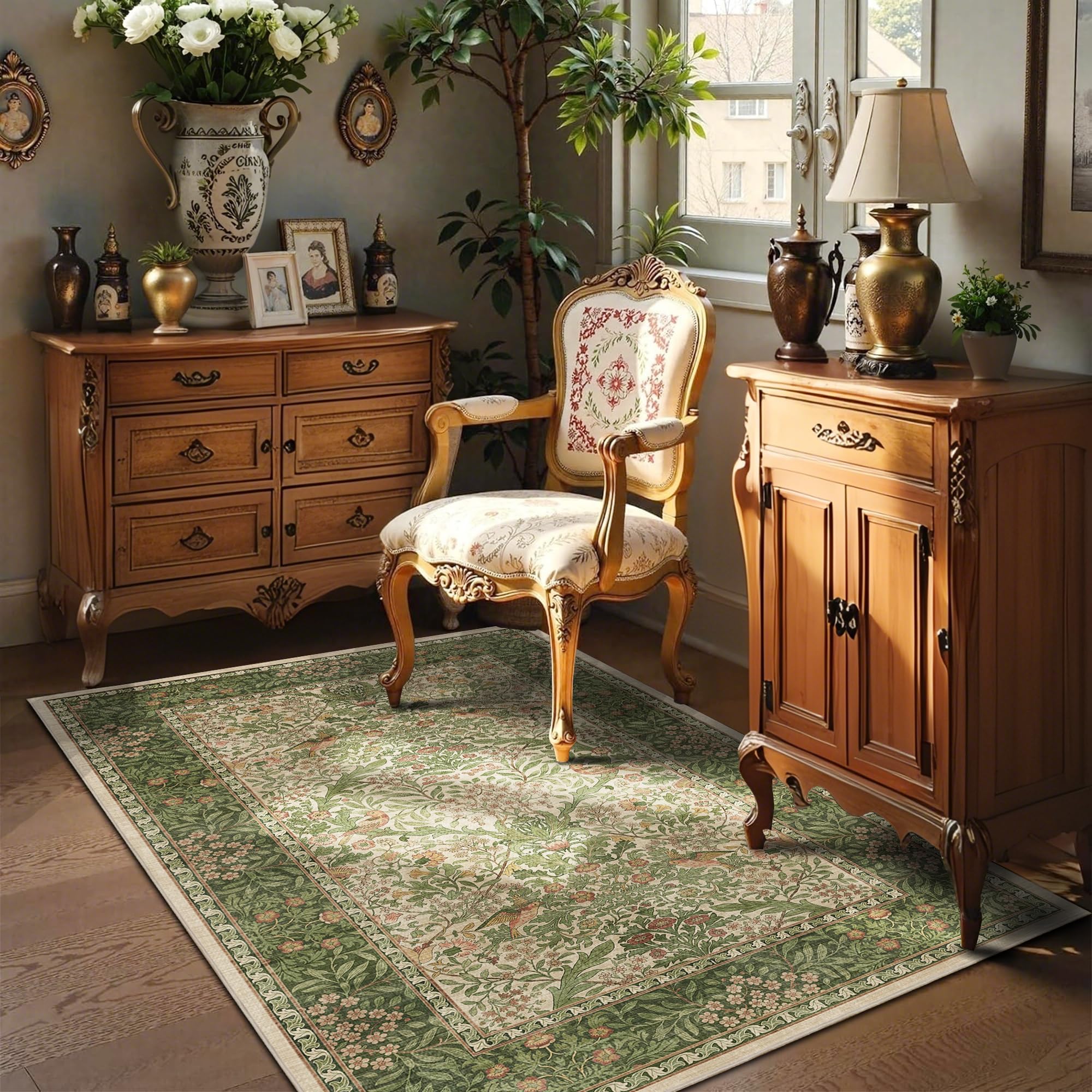 Photo 1 of 3x5 Floral Washable Area Rug for Living Room, Vintage Boho Rugs for Bedroom Dining Room, Botanical Birds Non Slip Low Pile Forest Throw Carpet for Farmhouse Office, Retro Pink/Green