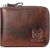 BULLCAPTAIN Mens Genuine Leather Zipper Wallet RFID Blocking Bifold Secure Zip Around Wallets Multi Credit Card Holder Purse (Handmade coffee)