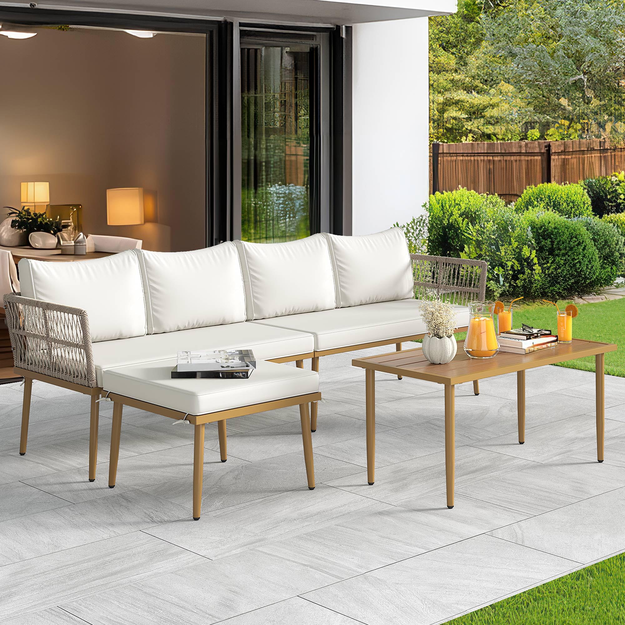 Photo 1 of YITAHOME Patio Furniture Set, 6 Pieces Outdoor Rattan Woven Sectional Sofa Patio Loveseat with Ottoman and and Side Table, Conversation Set for Backyard, Porch, Boho - Beige
