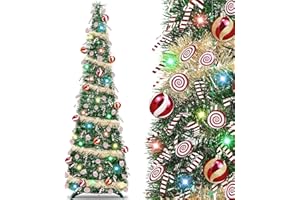 TURNMEON [Timer] 6 Ft Pop Up Christmas Tree with Lights, Green&Gold Tinsel Pencil Tree with 50 Multicolored Light Christmas Balls Lollipop Candy Cane Battery Operated for Home Holiday Xmas Party Indoor Decor