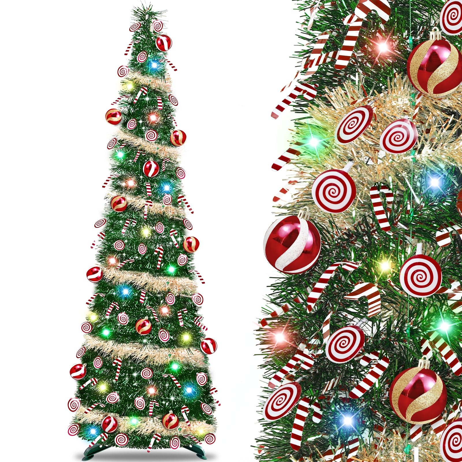 Photo 1 of [Timer] 6 Ft Pop Up Christmas Tree with Lights, Green&Gold Tinsel Pencil Tree with 50 Multicolored Light Christmas Balls Lollipop Candy Cane Battery Operated for Home Holiday Xmas Party Indoor Decor