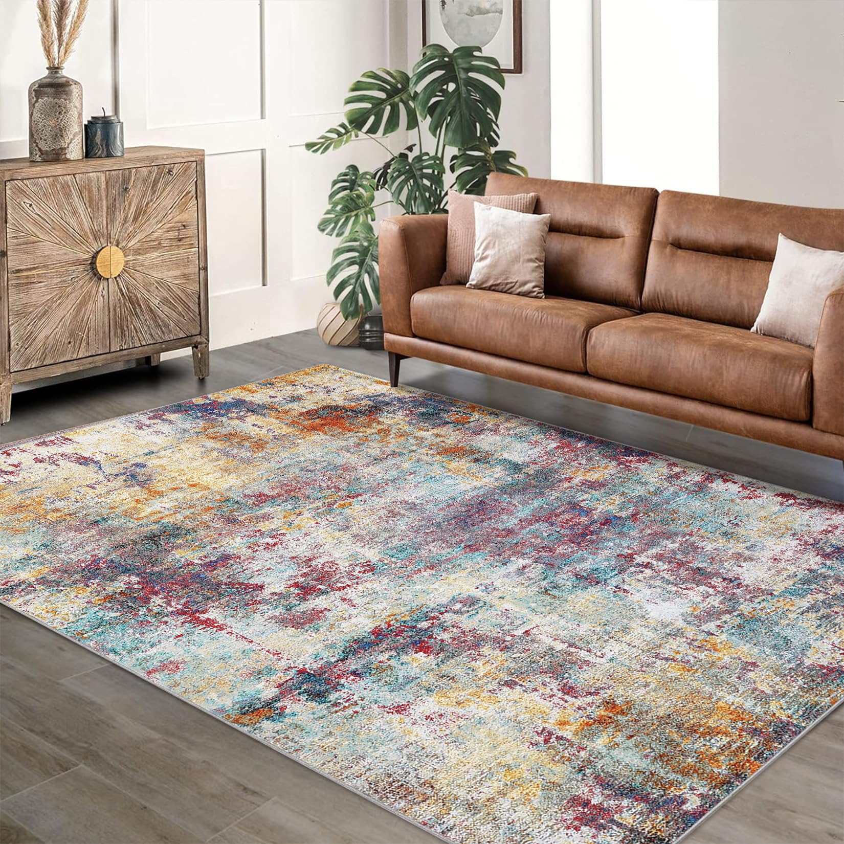 Condition photo showing New/Like New for washable modern neutral area rug, low pile non shedding rubber backed for living room bedroom dining