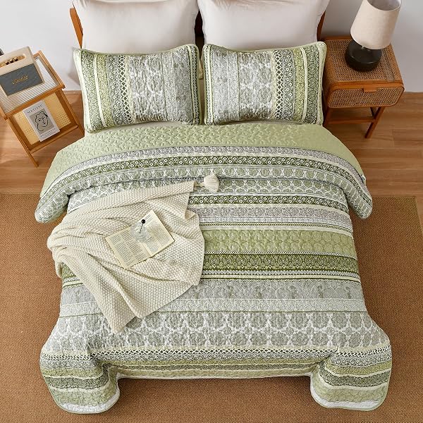 WONGS BEDDING BOHO QUILT SET QUEEN SIZE, SAGE GREEN BOHEMIAN 3 PIECES QUILT SETS, LIGHTWEIGHT BEDSPREAD COVERLET BEDDING SET FOR ALL SEASON (96″X90″)
