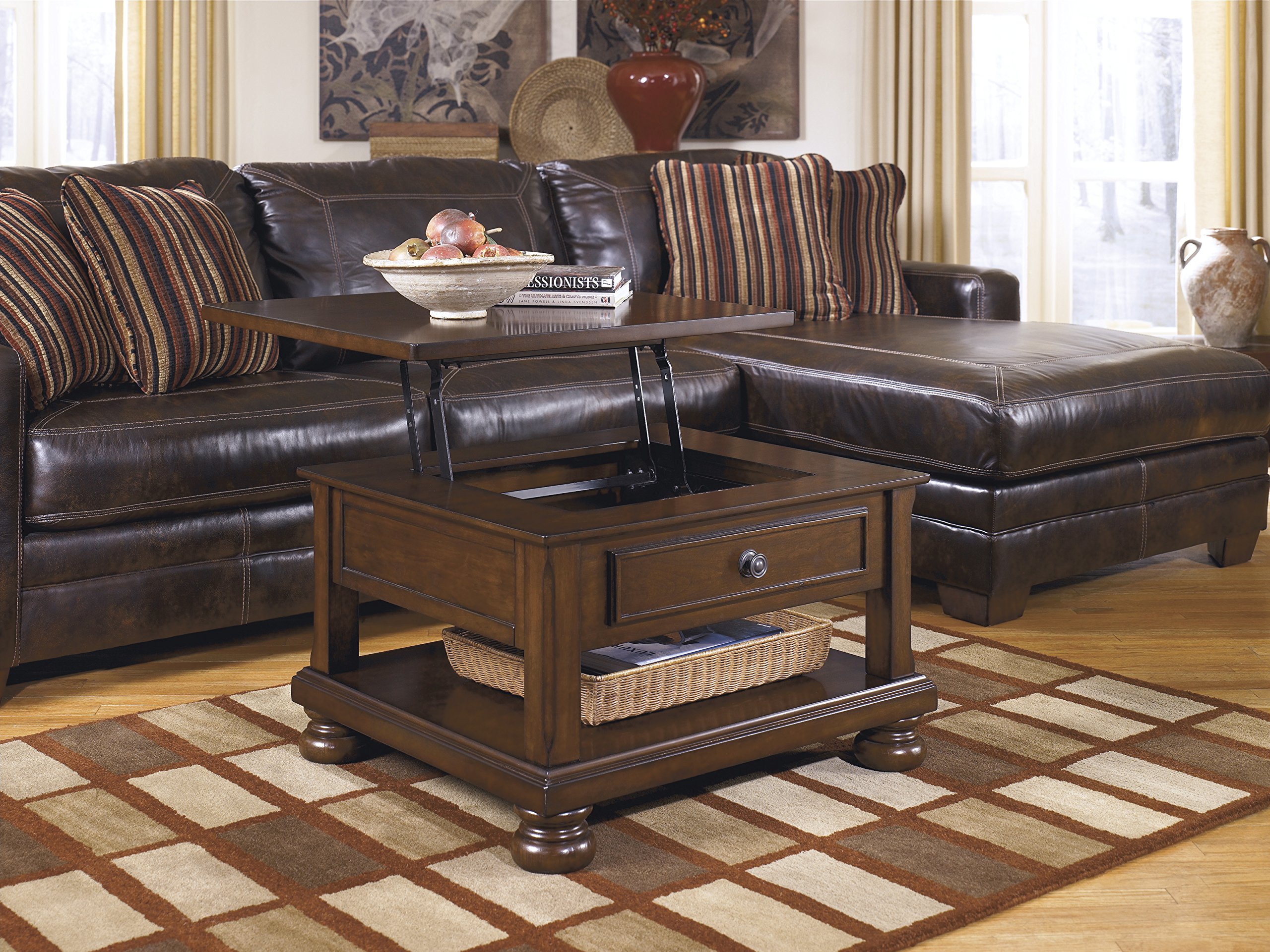 Ashley Furniture Signature Design - Porter Lift Top Coffee Table - Cocktail Height - Rectangular - Rustic Brown