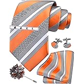 GUSLESON Striped Tie Set for Men Necktie and Pocket Square,Tie Clip,Cufflinks, Lapel Pin Sets with Gift Box 5PCS