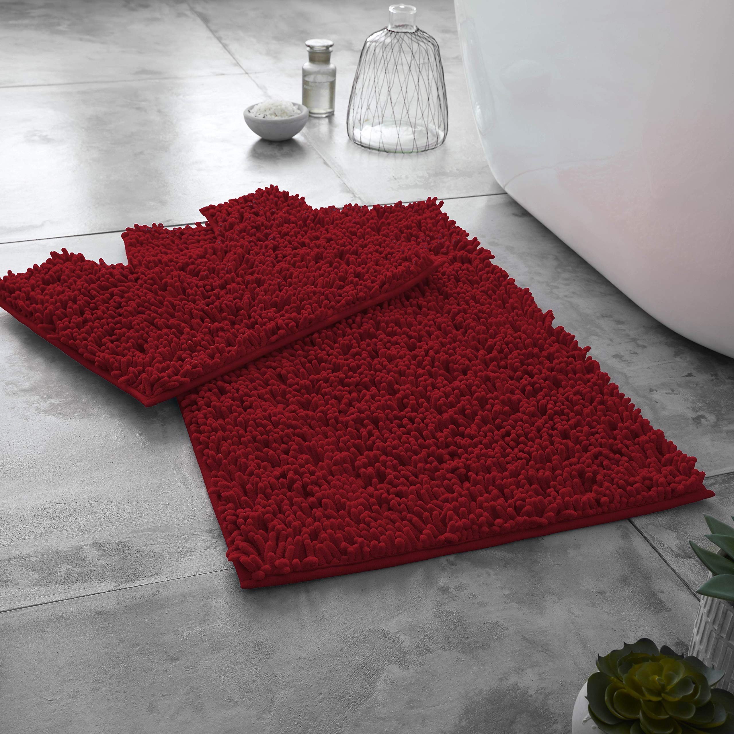 2 Piece Loop Bath Mat Anti Slip Pedestal Set, Extra Absorbent Microfiber Chenille Bathroom Toilet Rug, Regular, Deep Red