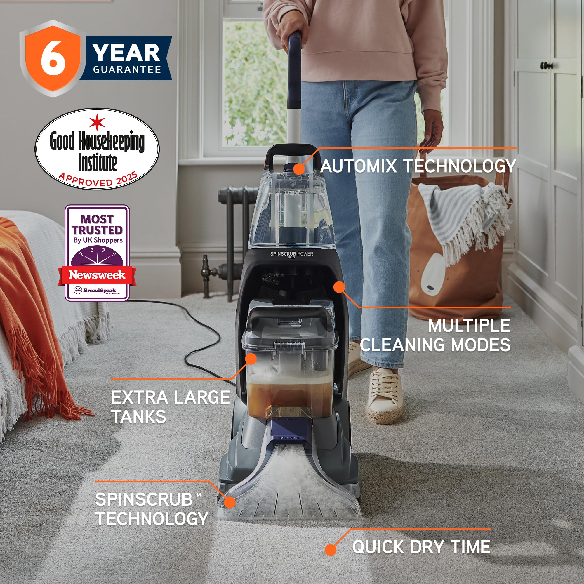 Vax SpinScrub Power Plus Carpet Cleaner Machine, Rug, Upholstery, Car, Stair Upright Shampooer Washer. Handheld Spot Cleaning, SpinScrub and Wash Tool, Solution, 1200W, Grey/Navy Blue, CDCW-SSXA