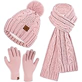 Womens Winter Beanie Hats Scarf Touchscreen Gloves Set Chenille Knit Fleece Lined Beanies Pompom Hat Scarves