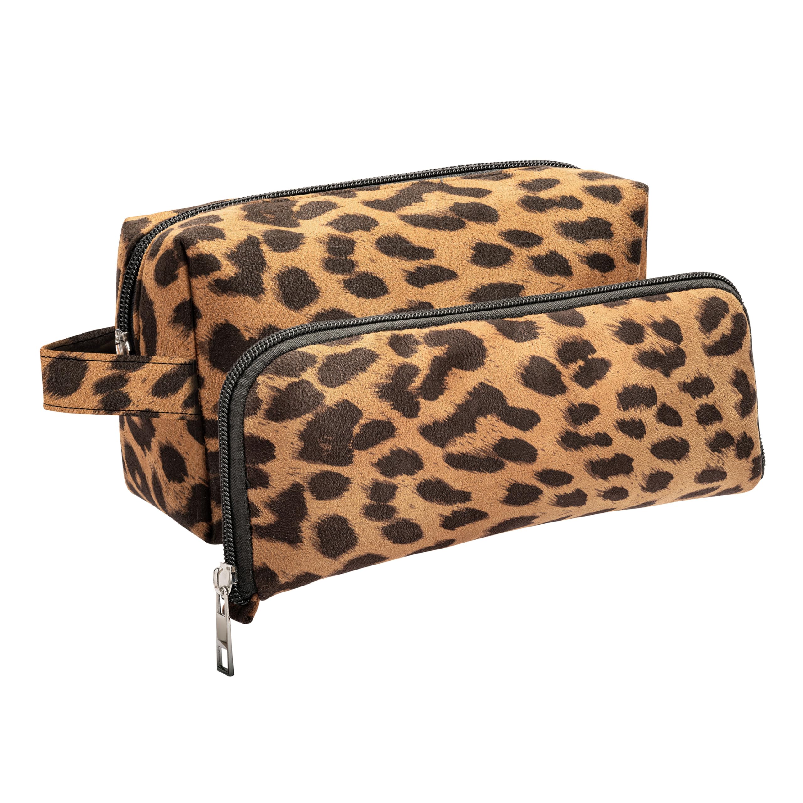 Photo 1 of Large Capacity Makeup Bags, 2 Pieces, Leopard Print, Cosmetic Travel Toiletry Organizer Bag, Soft and Warm Material (Brown)