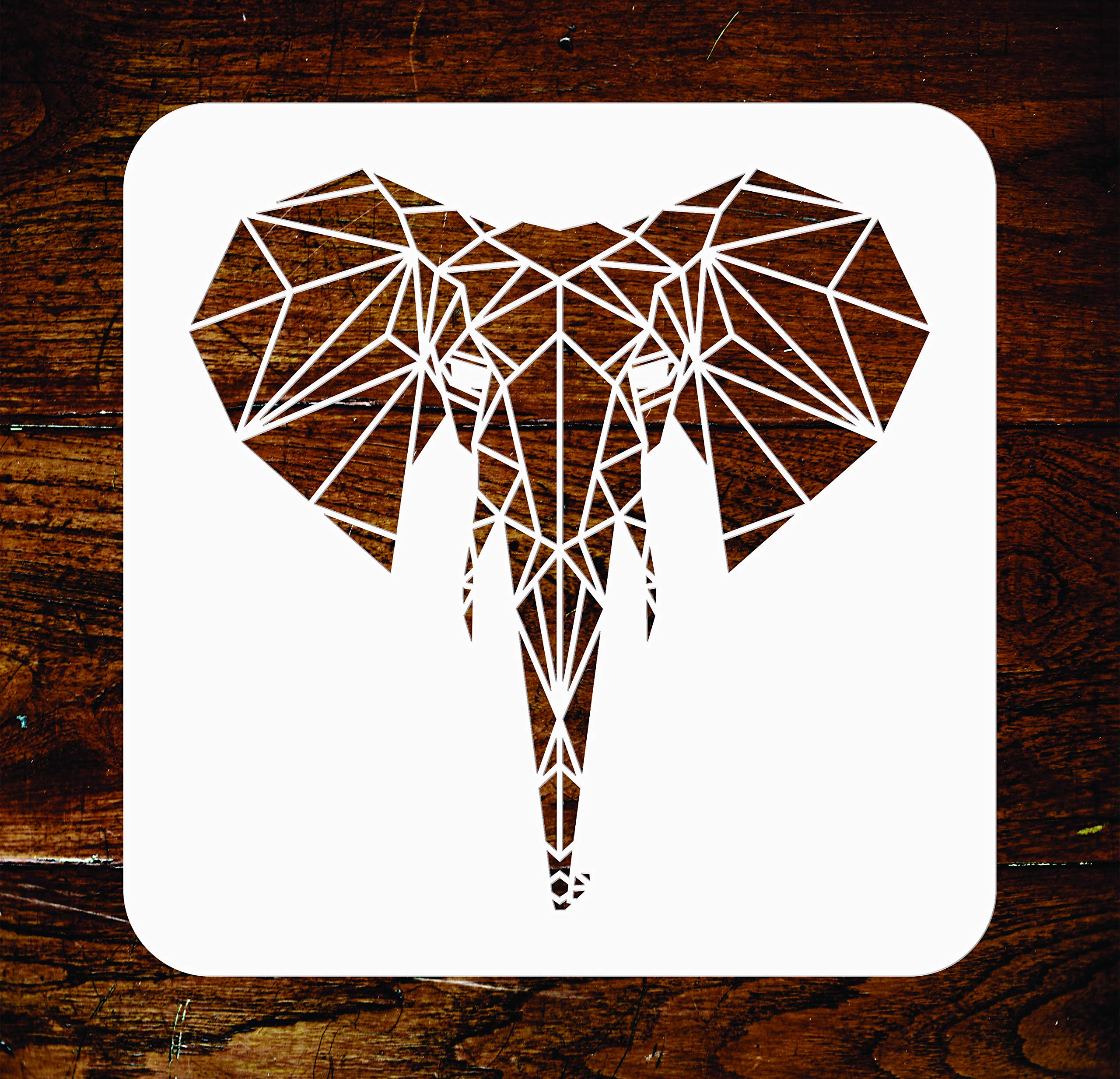Elephant Stencil - 16.5 x 16.5 cm - Reusable Geometric Decor African Wild Animal Head Wall Stencil Template - Use on Paper Projects Scrapbook Journal Walls Floors Fabric Furniture Glass Wood etc.