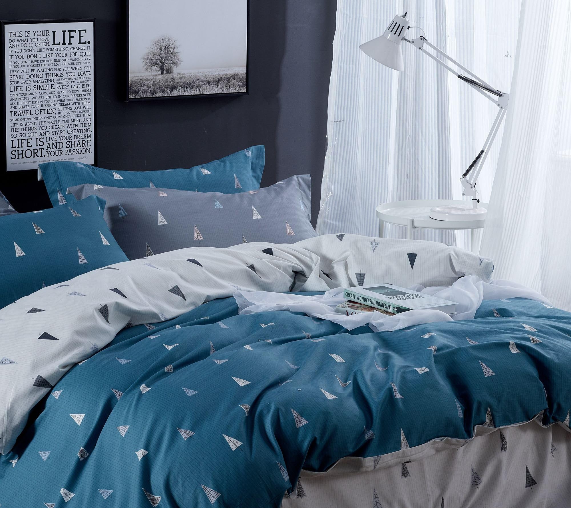 Topmail Bedding Set King Size Blue with Cushion Covers 65x65cm 3 Pieces 100% Cotton Soft Hypoallergenic Reversible Printed Duvet Cover (220x240cm）