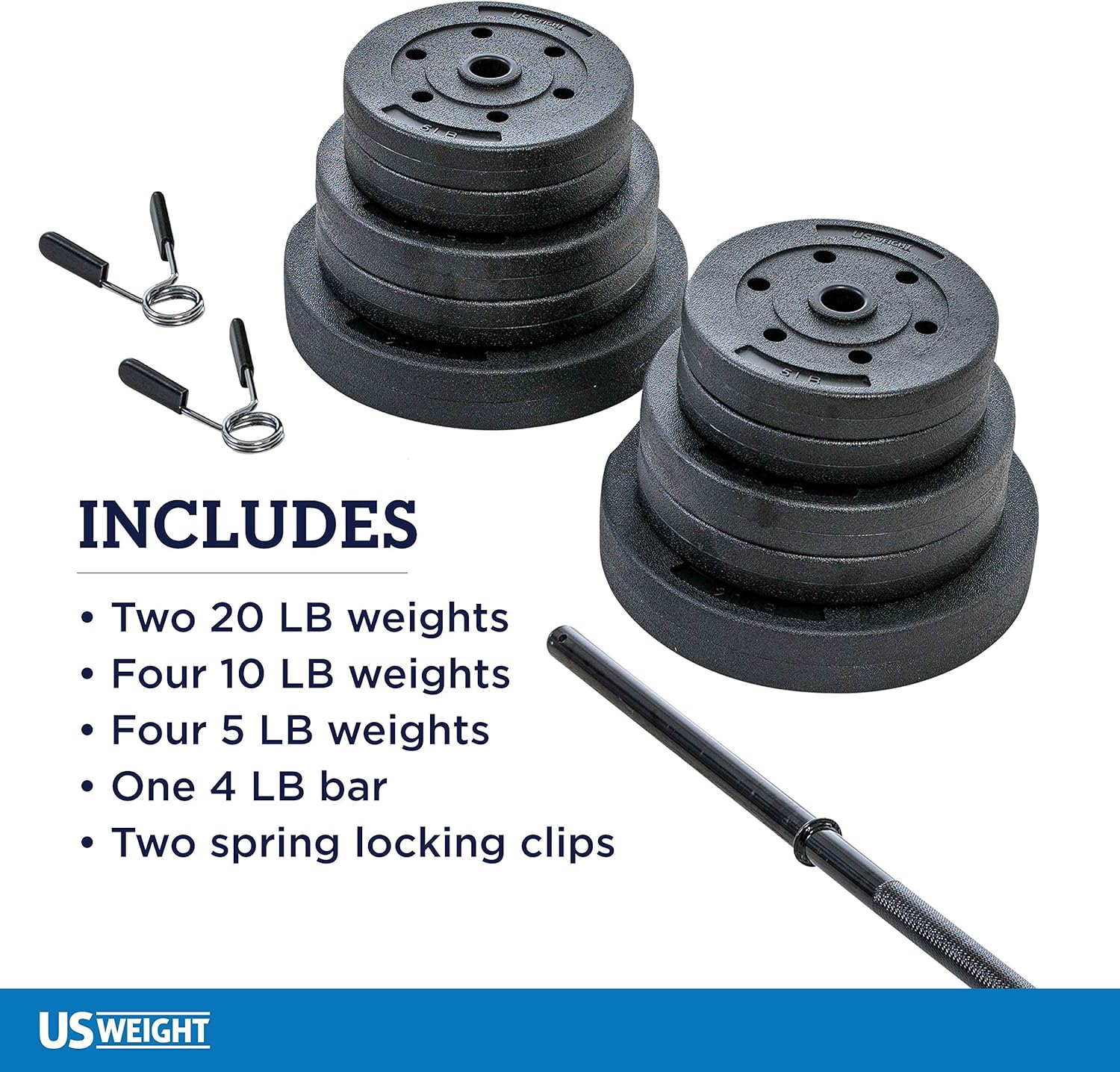 US Weight New 100 lb. Traditional Barbell Weight Set with New Upgraded 12-Gauge Steel Bar and Spring Locking Clips - Includes 20, 10 and 5 lb. Weights : Sports & Outdoors