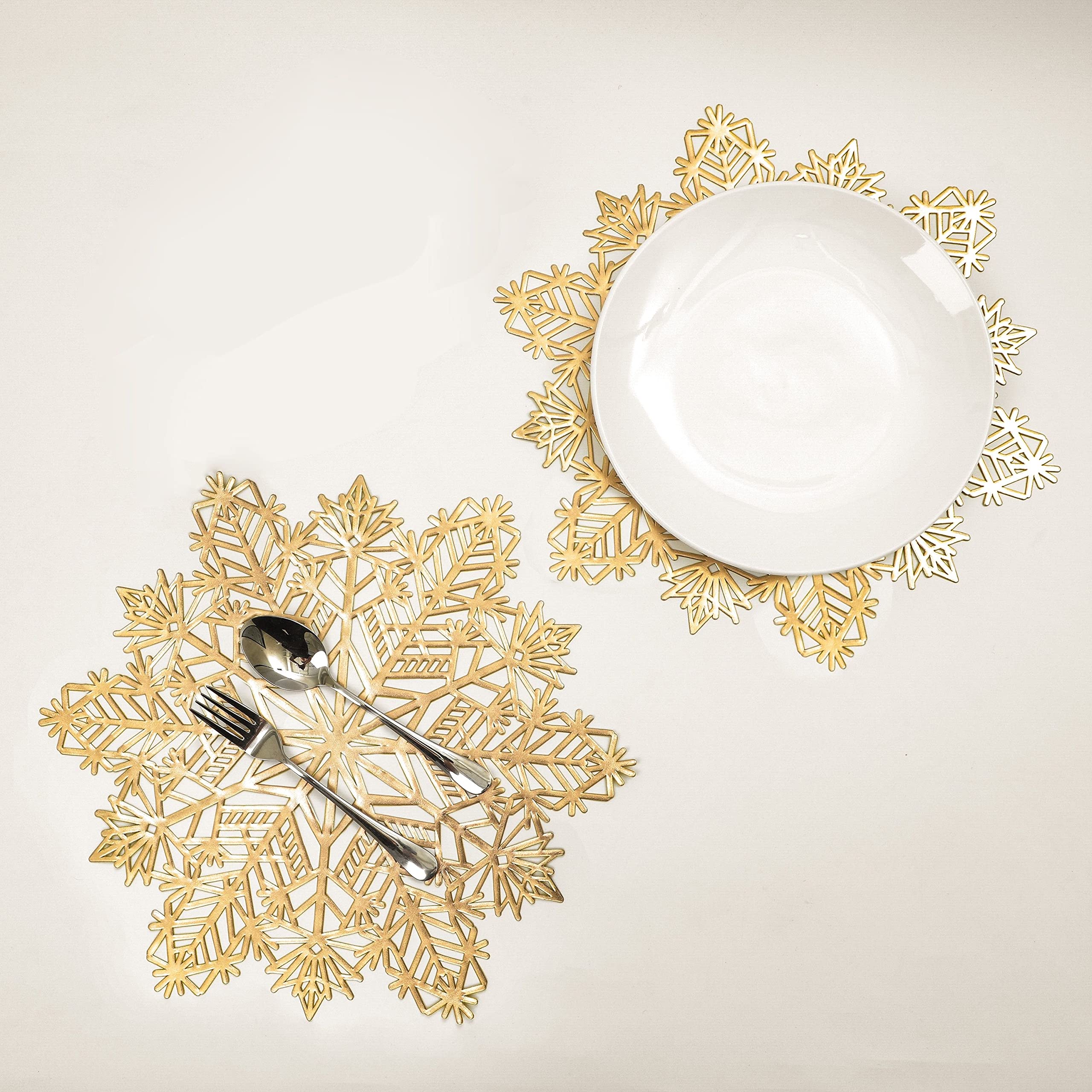 Snowflake Placemats Set of 12 Gold Laminated Metallic Vinyl Round 15 inch Diameter Festival Table Decorations for Holiday Party Feast by Snowkingdom