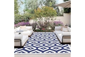 OutdoorLines Outdoor Reversible Rugs for Patio 4x6 ft - Plastic Area Rug, Stain & UV Resistant Portable RV Carpet, Plastic Straw Mats for Porch, Pool Deck and Camping Diamond/Navy & White