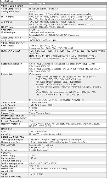 Surveillance Video Equipment Up To 24 Channel Ip Video Input H 265 Pro Acusense Smart Detection Hikvision Oem Turbo Hd Dvr Hdd Not Included Hikvision Oem 16 Channel Analog Video Input Model Ds 7216hqhi K2