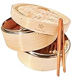 UPDATED MODEL FOR 2017! NEW AMAZINGLY DURABLE Bamboo Steamer/Lightweight Food/Bamboo Baskets Fit Perfectly on Standard Size Pots/Asian Food Steamer/Free Tong Included