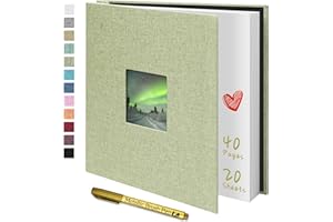 Yopih Photo Album Self Adhesive with Writing Space for 4x6 5x7 8x10 Pictures Scrapbook Album Linen Hardcover Grassgreen DIY Length 11x10.6 Inch 40 Pages with A Metallie Pen