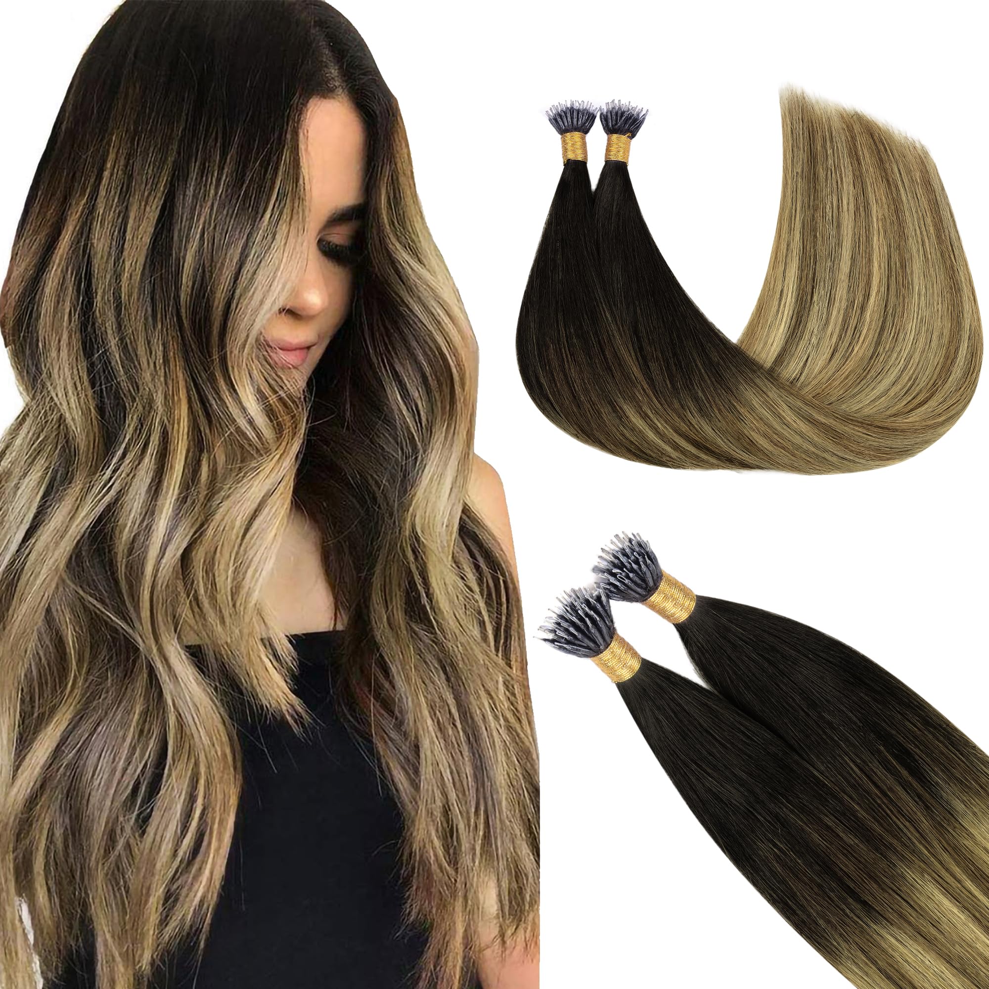 GOO GOO Nano Hair Extensions Real Human Hair, Nano Beads Hair Extensions, Balayage Brown to Dirty Blonde 50g 16inch 100 Strands Cold Fusion Nano Rings Extensions