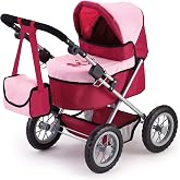 Bayer Trendy Doll Pram, Foldable Stroller for Dolls up to 18 Inch, Burgundy | Adjustable handle 15-27 inches, storage basket, shoulder bag and pneumatic tires. Lightweight frame folds for easy transport