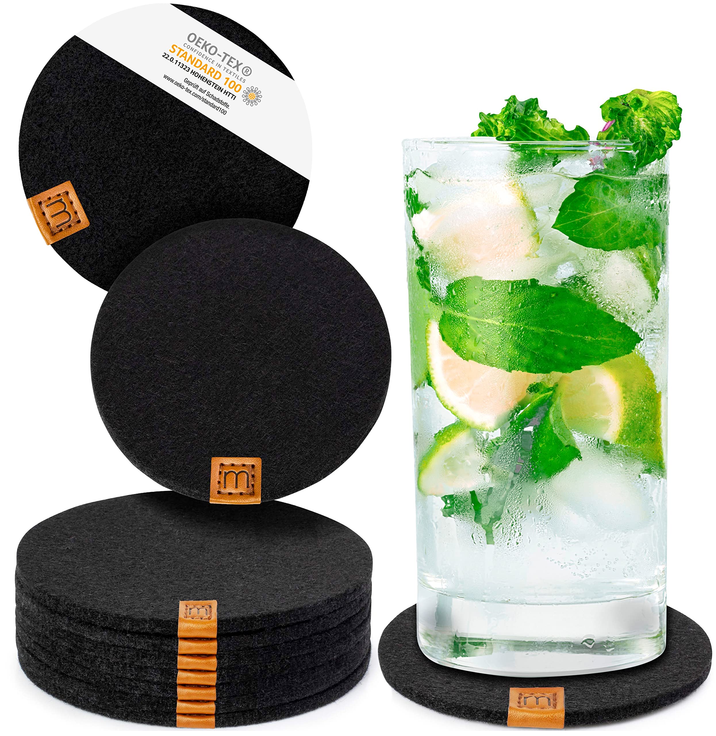 Miqio® Design Glass Coaster - Felt and Leather - Coasters Set of 10 for Drinks with Genuine Leather Appliqué - Easily Washable and Sound Absorbing Cup Mats