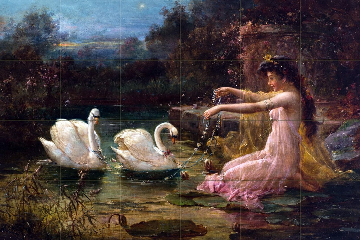 lady at the swan lake H. Zatzka Tile Mural Kitchen Backsplash Art