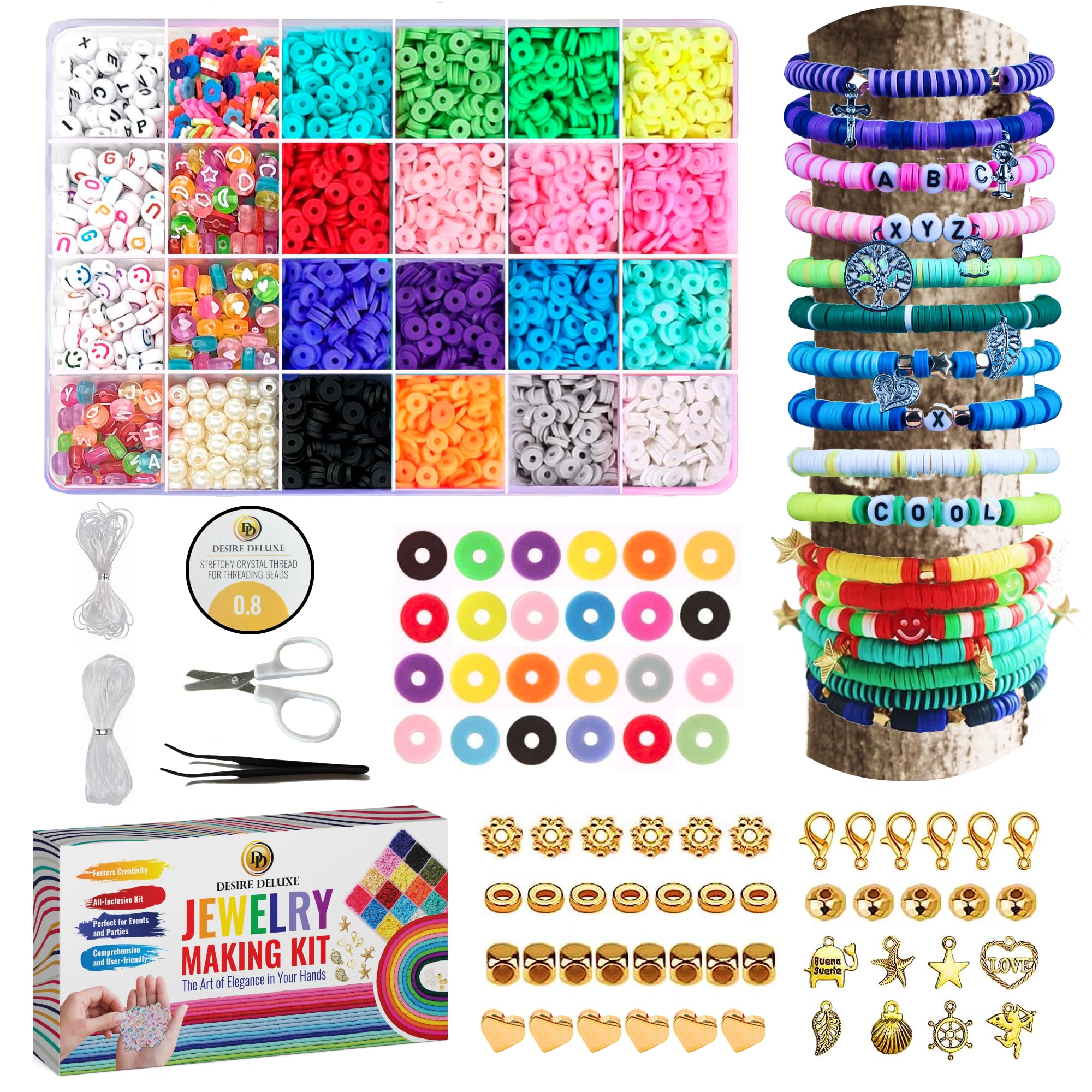 Desire Deluxe Bracelet Necklace Making Kit - Clay Beads Friendship Jewellery - Letters and Crafts Making Kit - Elastic Rubber Pendants for Girls (6084 Pieces)