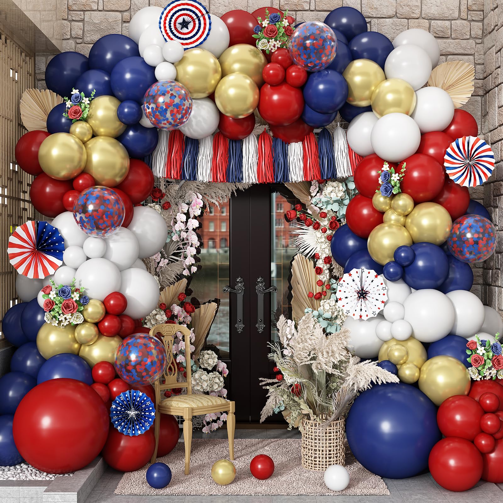 Red White Blue Balloons Arch Kit, Win Ruby Dark Red Navy Blue White Metallic Gold Balloons Garland with Confetti Balloons for Graduation Baseball Patriotic Boys Birthday Party Veterans Day Decorations