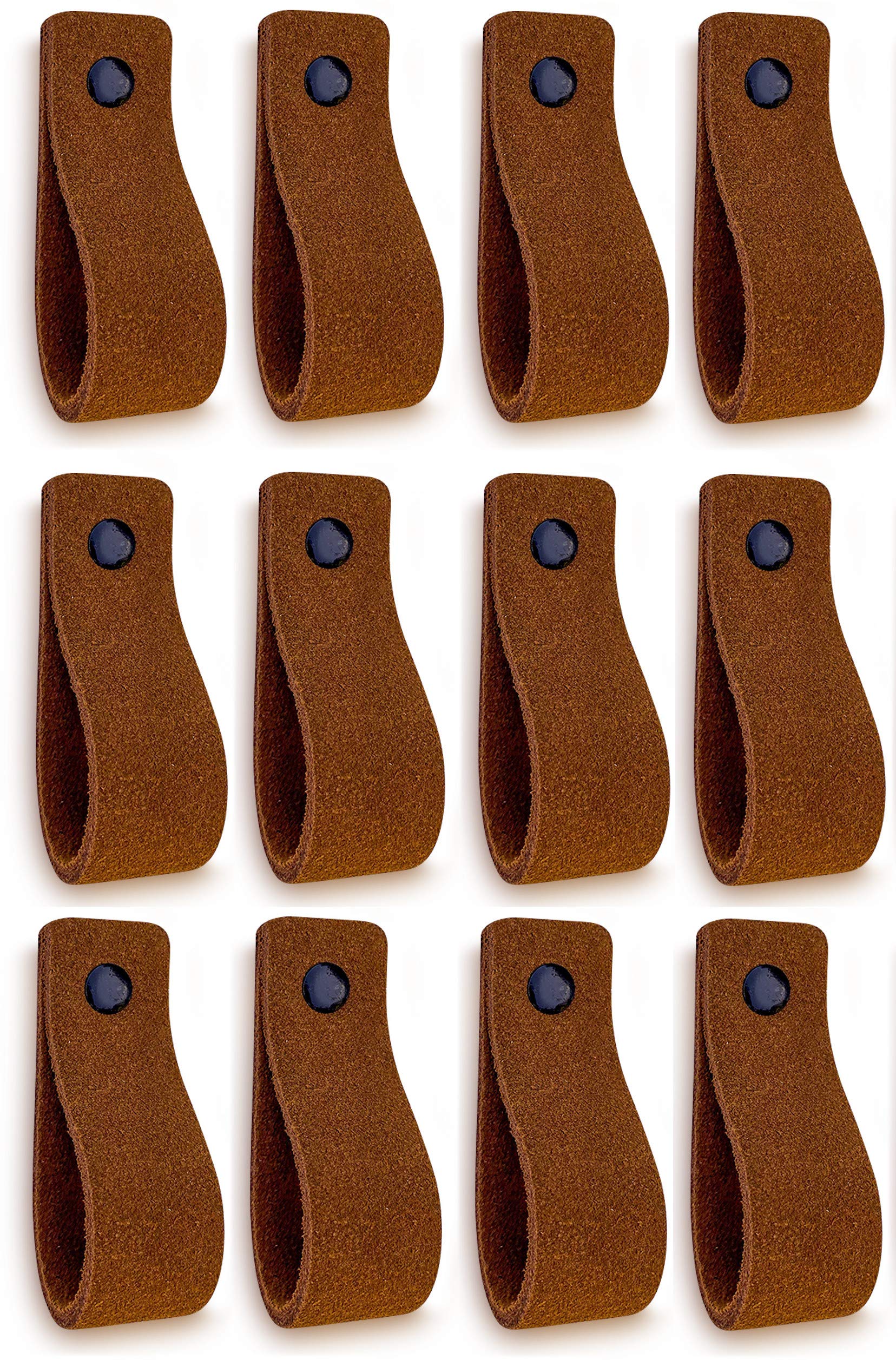 Brute Strength - Leather Handles for Furniture - Suede - Cognac - 12 pcs - 16,5 x 2,5 cm - Cabinet Handle, Door Handle for Kitchen, Bathroom, cabinets, Dresser, Wood