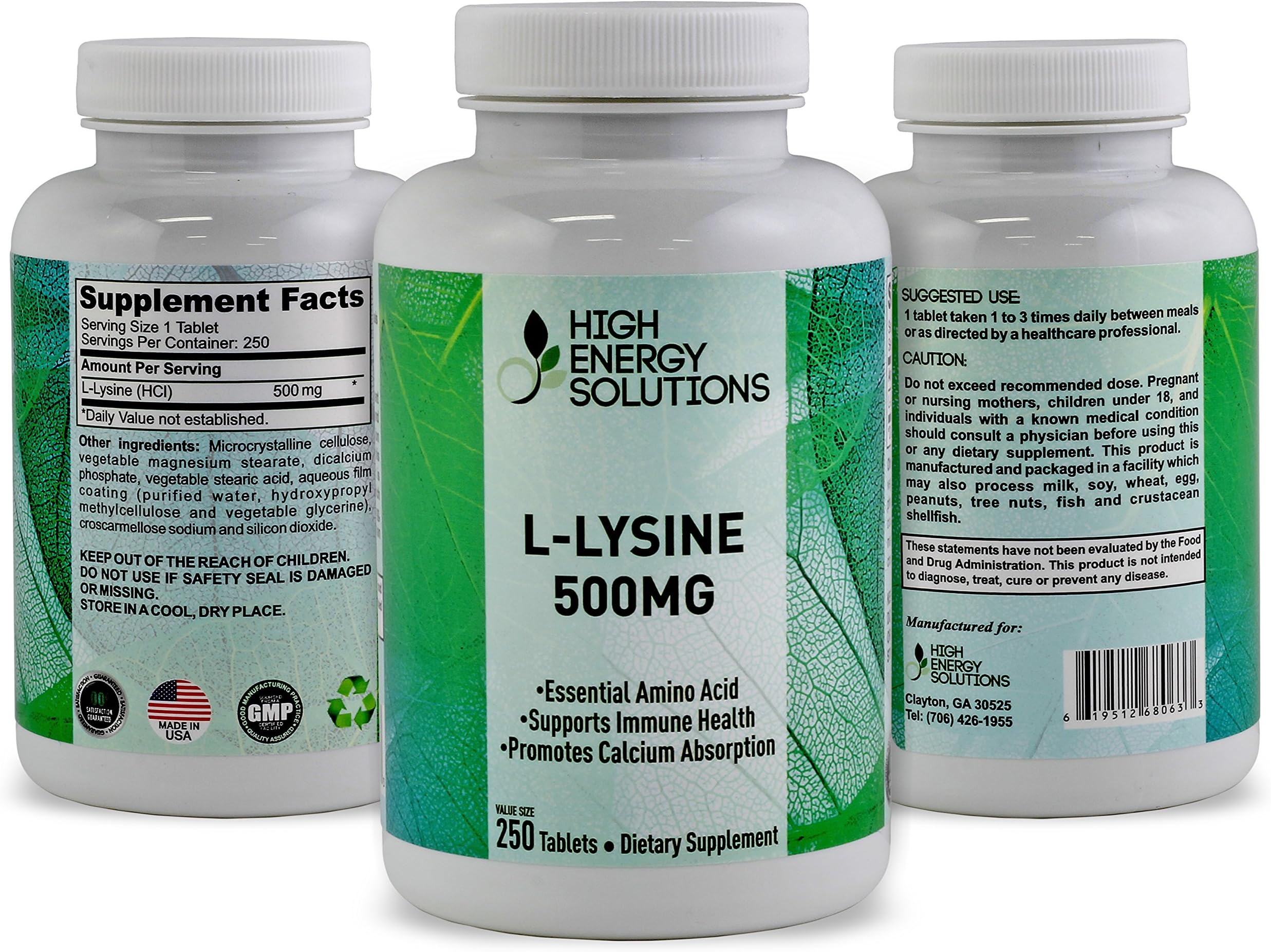 HIGH ENERGY SOLUTIONS - L-LYSINE - Value Sized 250 Tablet Bottle 100% Pure - Potent 500MG Essential Amino Acid Tablets for Amazing Health Benefits - Ultimate Bio-Availability and Absorption GMP - USA