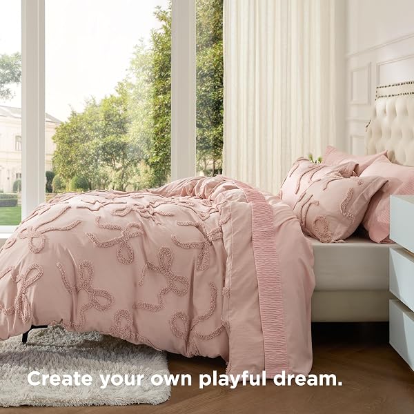 BEDSURE BOHO DUVET COVER QUEEN SIZE – ROSE PINK TUFTED BOHO BEDDING, FARMHOUSE SHABBY CHIC EMBROIDERY BEDDING FOR ALL SEASONS, 3 PIECES, 1 SOFT JACQUARD QUEEN COMFORTER COVER AND 2 PILLOW SHAMS