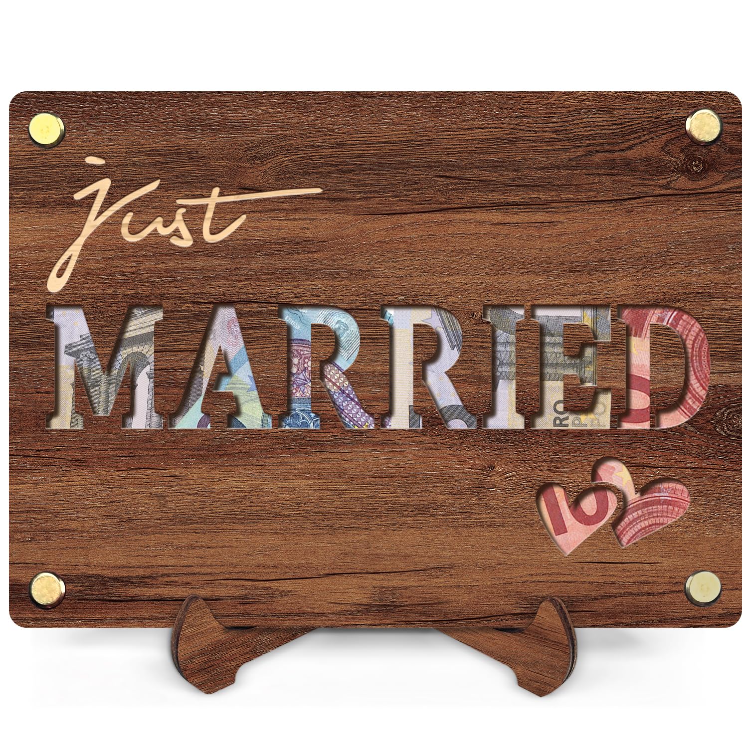 Just Married Money Gift Wedding Gift Wooden with Stand Love Money for Bride and Groom Lovers Money Gift Packaging with Wedding Card
