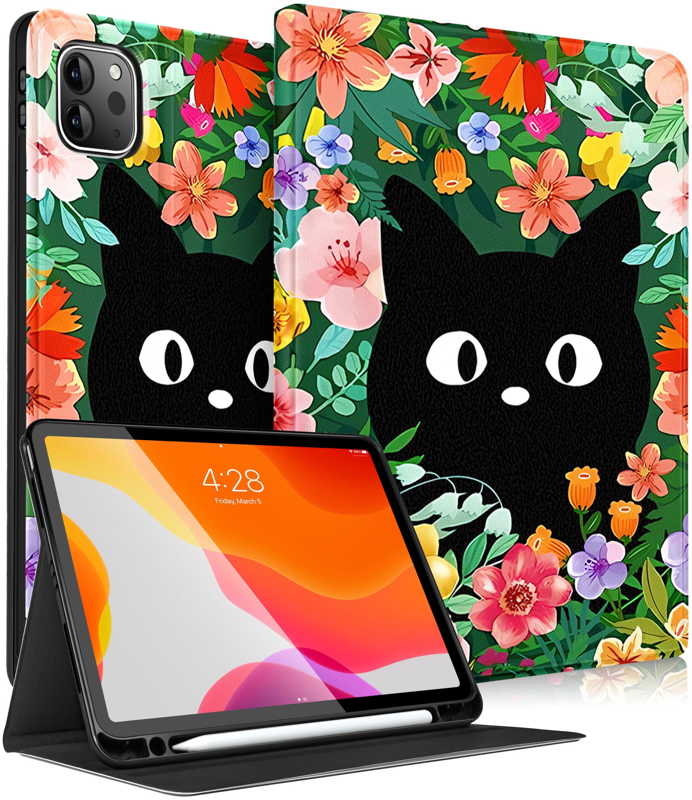 Pegmode for iPad Pro 12.9 Case Women Girls Cute Folio Cover Flower Cat Kawaii Girly Aesthetic Design With Pencil Holder Smart Cover for Apple iPad Pro 12.9 Inch Cases 2022/2021/2020/2018