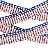 4th of July Decorations 4 Pack 40Ft Tinsel Foil Fringe Garland Streamers Hanging Red White Blue Fringe Backdrop Banner for Parade Floats Decor 4th of July America Patriotic Day Memorial Day