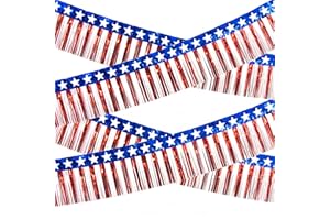 PEIQICHU 4th of July Decorations 4 Pack 40Ft Tinsel Foil Fringe Garland Streamers Hanging Red White Blue Fringe Backdrop Banner for Parade Floats Decor 4th of July America Patriotic Day Memorial Day
