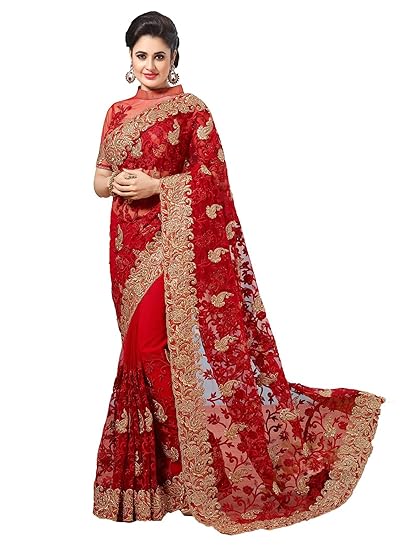 Arohi Designer Women's Net Saree With Unstitched Blouse Piece (ShagunRed-SAREESHOP15_Red)