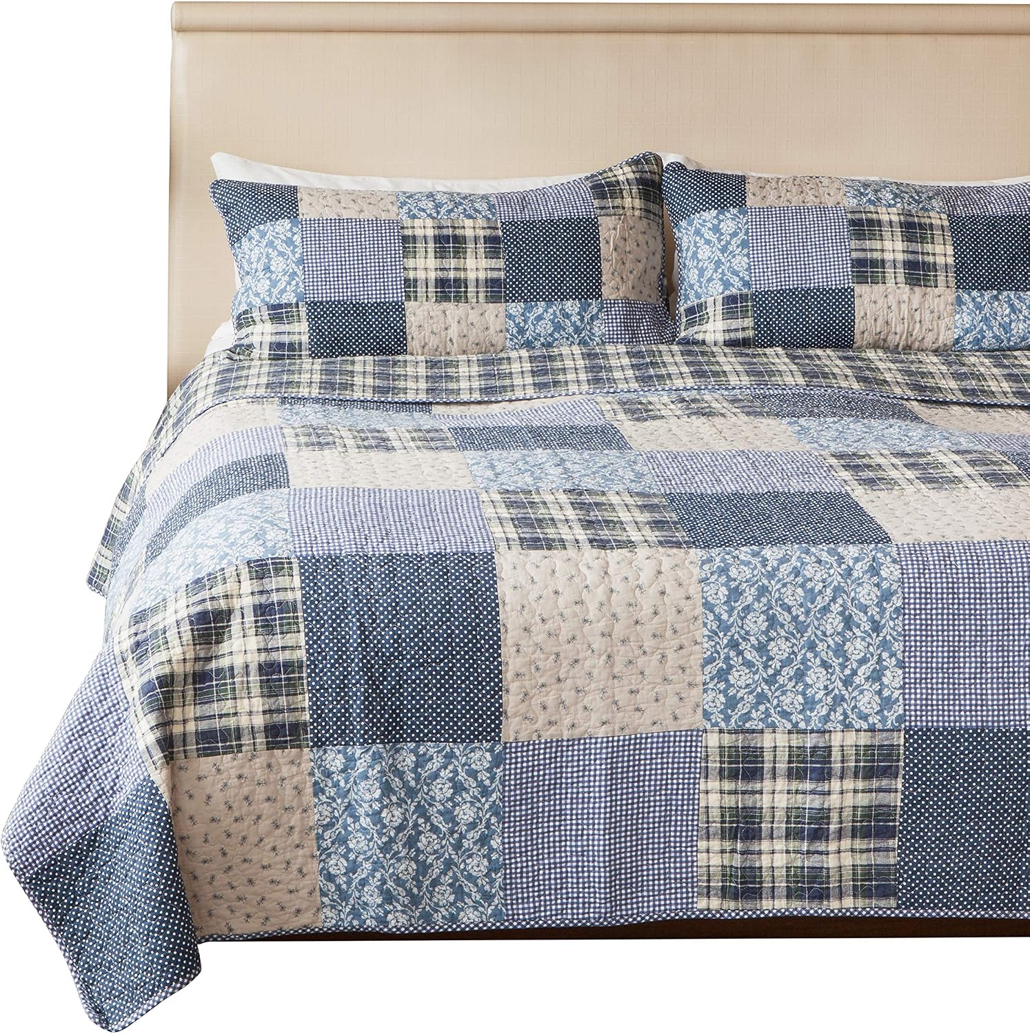 BEAUTIFUL REVERSIBLE BLUE OCEAN PLAID STRIPE CABIN COTTON QUILT SET
