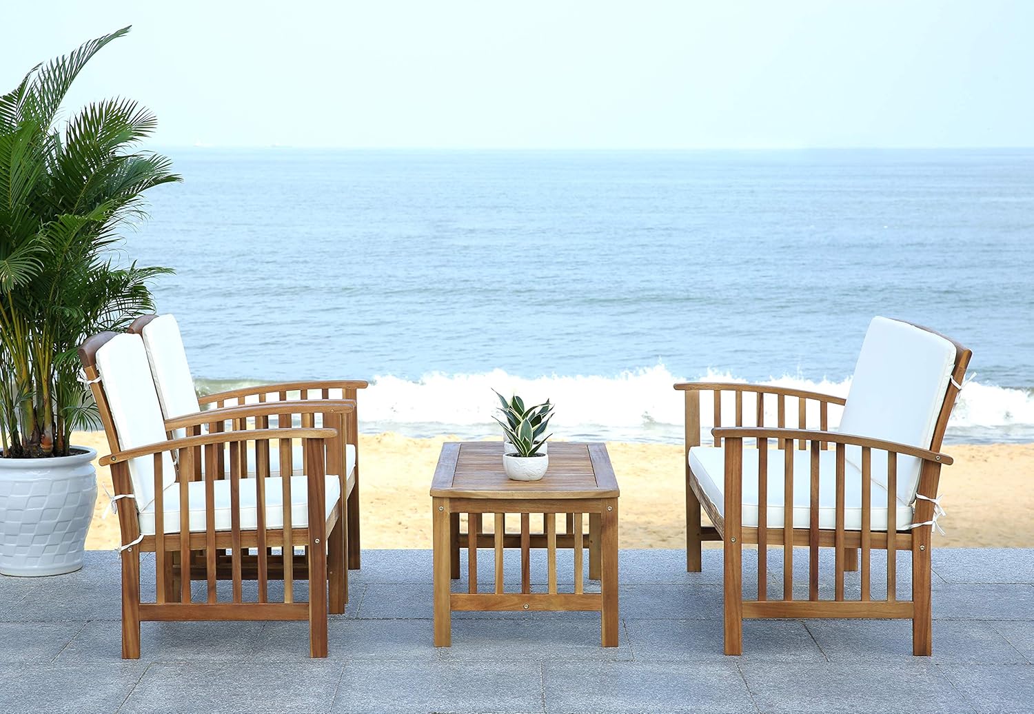 Safavieh Outdoor Collection Rocking 4 Piece Patio Set, Teak and Beige: Furniture & Decor