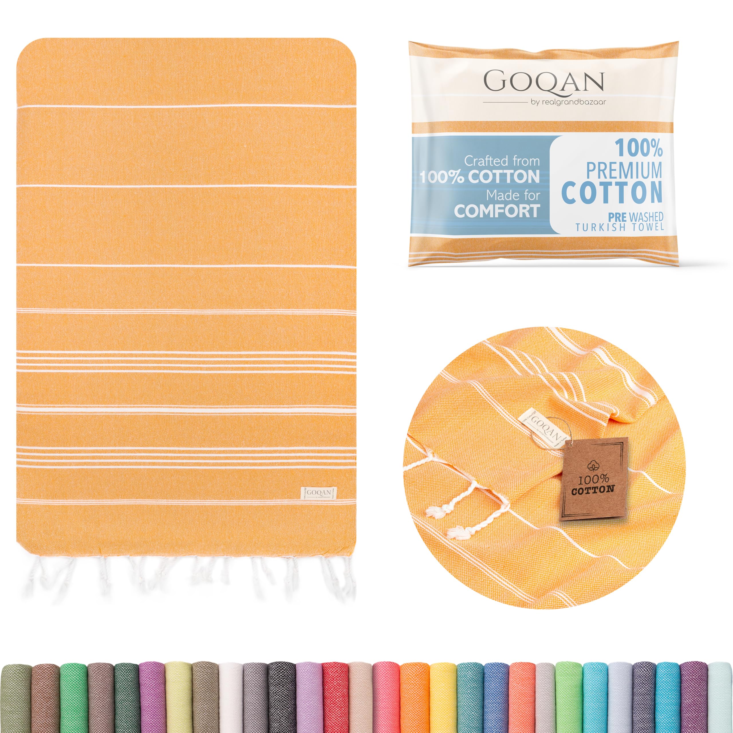 Photo 1 of GOQAN Turkish Beach Towel Oversized 39x71 | Thin, Lightweight, 100% Cotton and Sand Free Towel is Suitable for Beach, Bathroom, Pool, Travel & Swim | Odor Free Thanks to Quick Dry Property - Orange